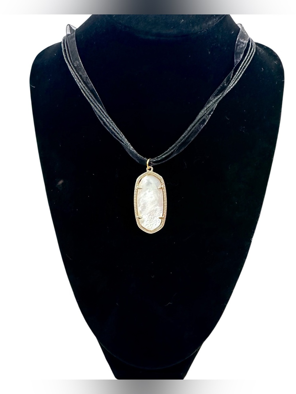 🤍Faux Mother of Pearl Pendant on Black Ribbon Cord